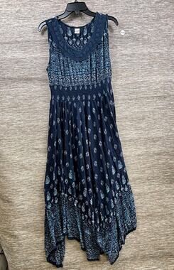 Bio Paisley Maxi Sun Dress Womens Size XL Blue Crochet Hanky Hem Boho Rayon